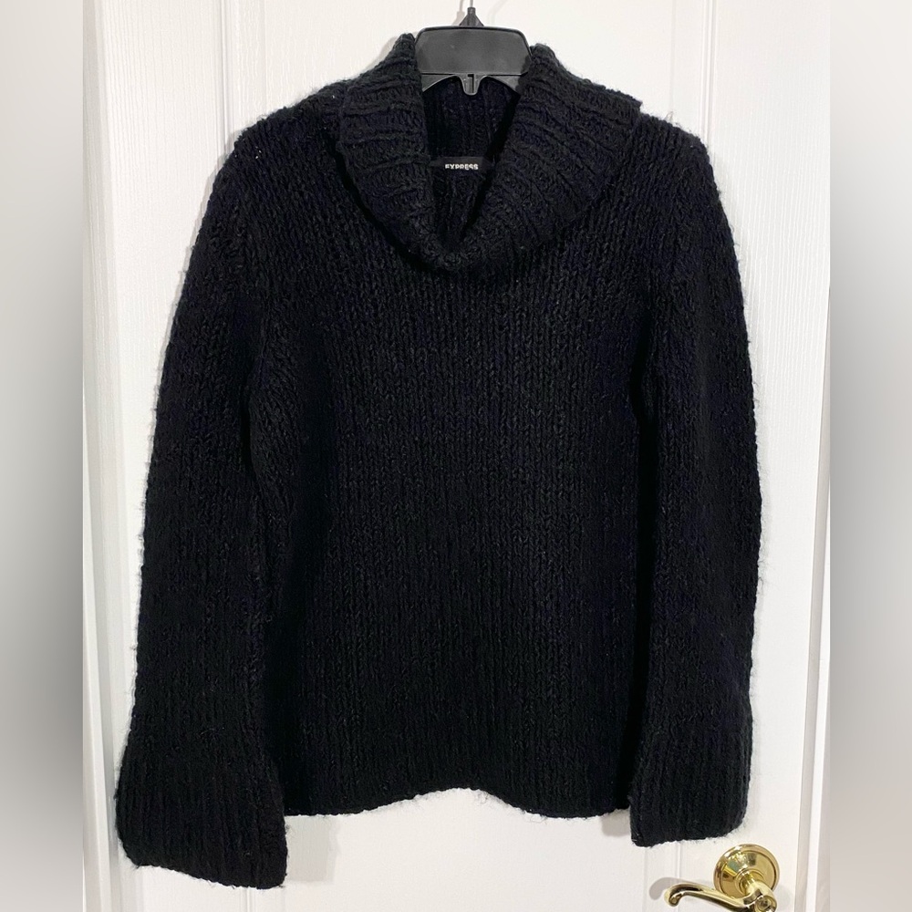 90s Express Handknit Chunky Knit Flare Sleeve Cowl Neck Sweater Vintage Black L